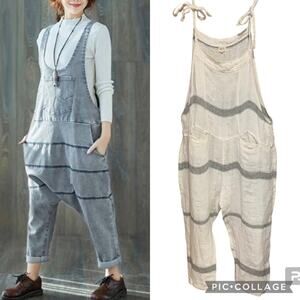 Meg by Design 100% Linen Harem Oversized Striped Jumpsuit White/Grey Size L